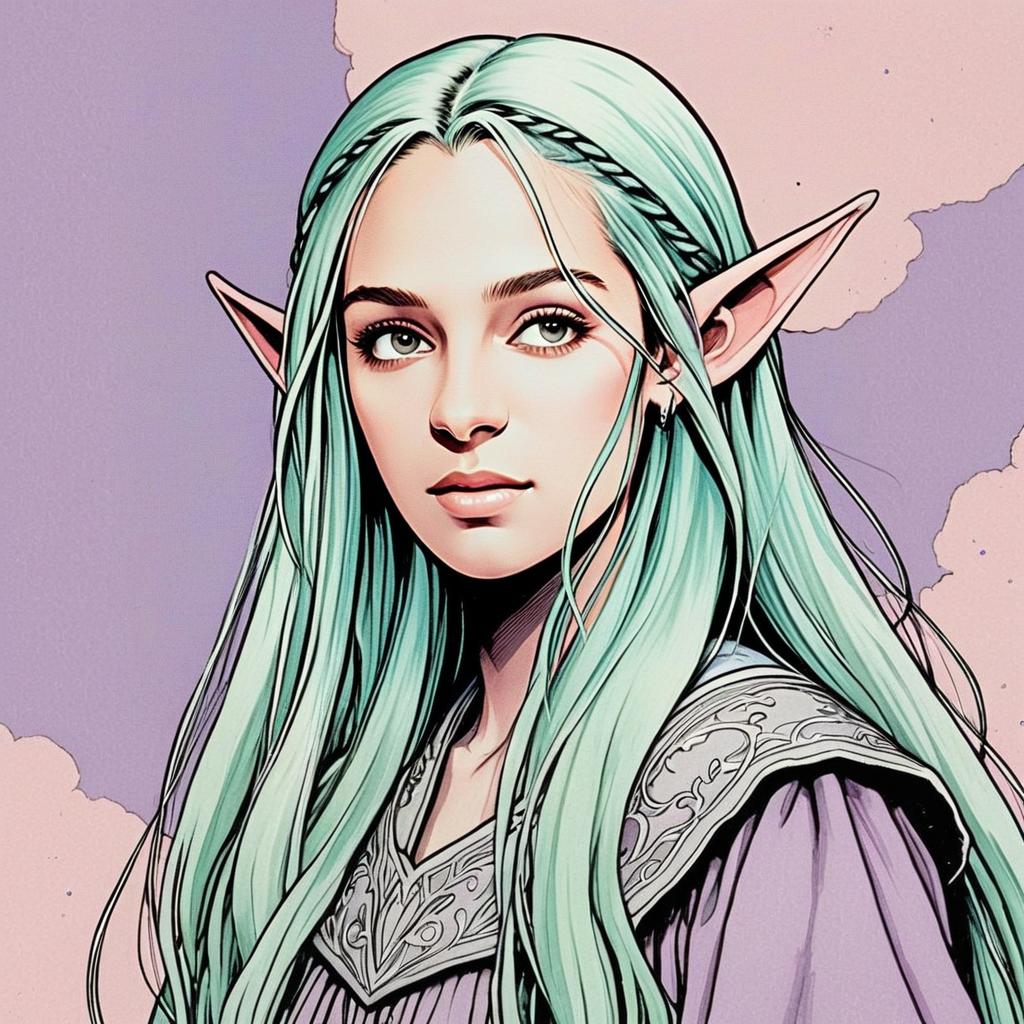 Fantasy Female Elf Portrait with Mint Green Hair Digital Illustration