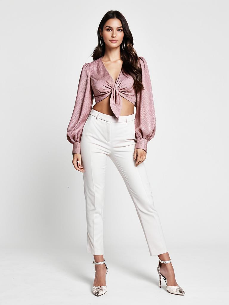 Woman in Contemporary Chic Soft Pink Knot Detail Blouse and White Pants
