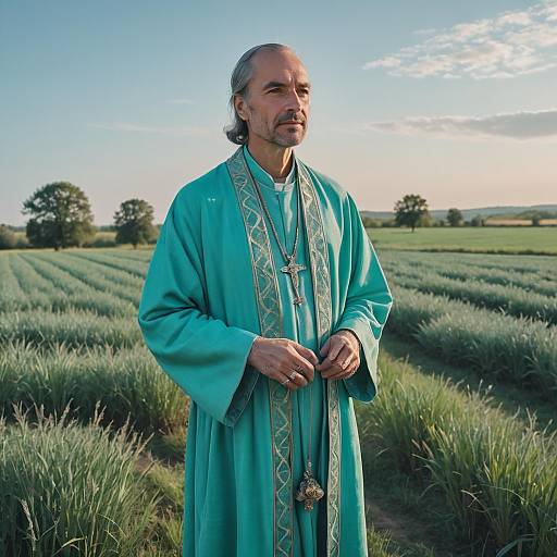 Middle-aged Man in Turquoise Priest Robe Standing in Green Field