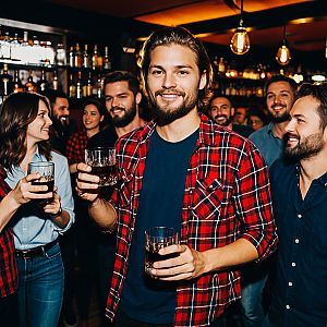 Bearded Man Enjoying Drinks at a Lively Bar