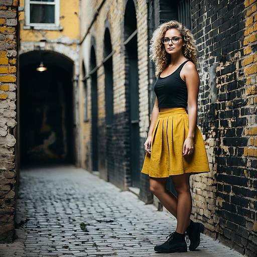 Urban Fashion Portrait of Woman in Mustard Yellow Skirt in Alleyway