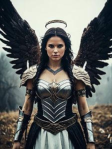 Photorealistic Woman in Warrior Angel Costume with Dark Wings and Halo