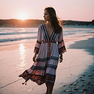 Woman in Bohemian Dress at Sunset Beach