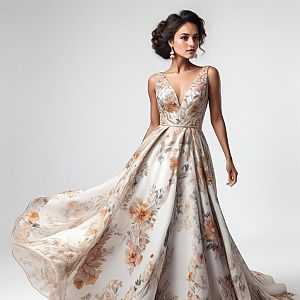 Elegant Woman in Sleeveless Gown with Floral Pattern