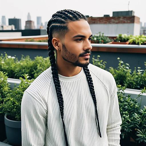 Portrait of Man with Braided Hairstyle on Urban Terrace