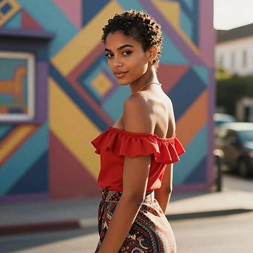 Young Woman In Vibrant Gen Z Style Off-Shoulder Top and Patterned Pants
