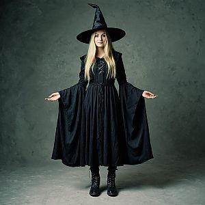 Confident Woman in Traditional Witch Costume