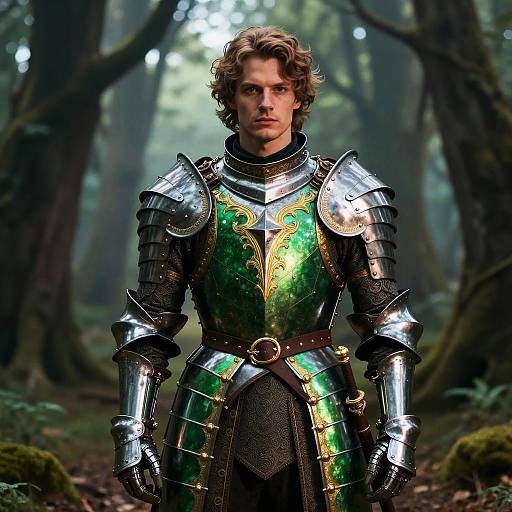 Young Man in Ornate Green Medieval Armor in Forest
