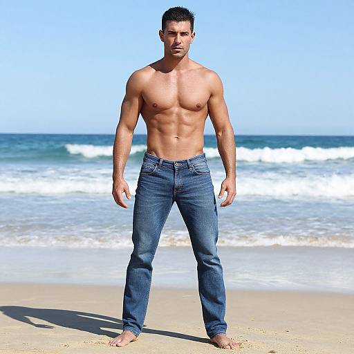 Shirtless Muscular Man in Jeans Standing on Beach by Ocean Waves