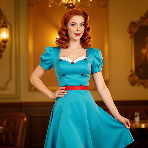 Vintage Style Red-Haired Woman in Turquoise 1950s Dress