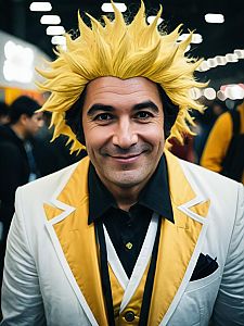 Man in Spiky Yellow Wig and White-Yellow Costume at Cosplay Festival