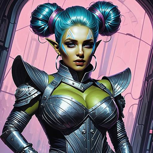 Futuristic Female Warrior in Metallic Armor with Blue Hair and Green Skin