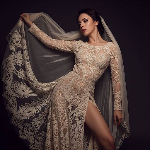 Elegant Lace Dress with High Slit and Veil Fashion Portrait