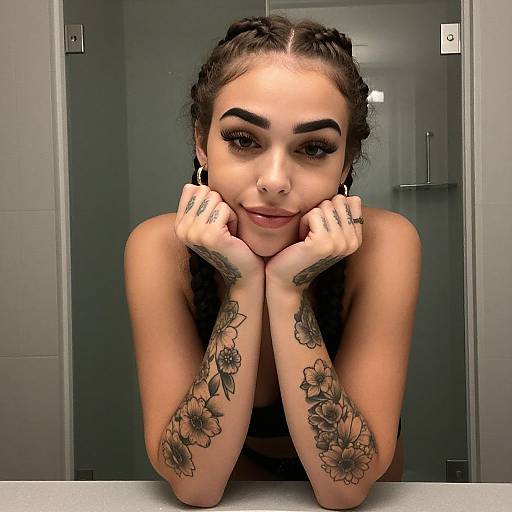 Young Woman with Floral Tattoos and Braided Hair Leaning on Counter