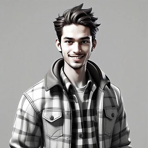 Digital Portrait of Young Man in Casual Plaid Shirt and Jacket