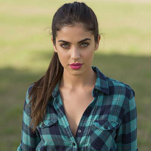 Portrait of Confident Young Woman in Blue Green Plaid Shirt Outdoors