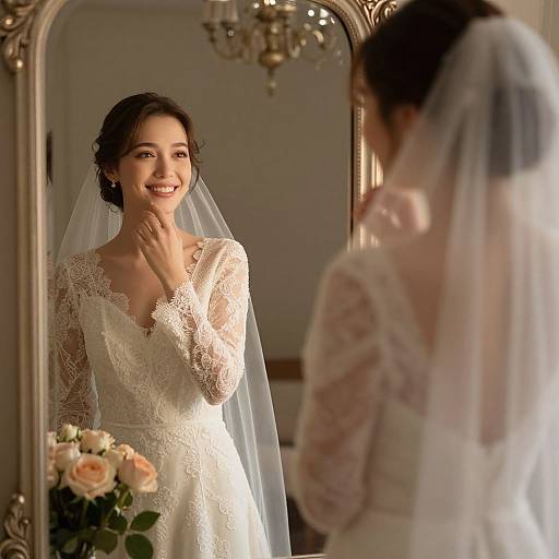 Joyful Bride in Elegant Lace Wedding Gown Reflecting in Ornate Mirror