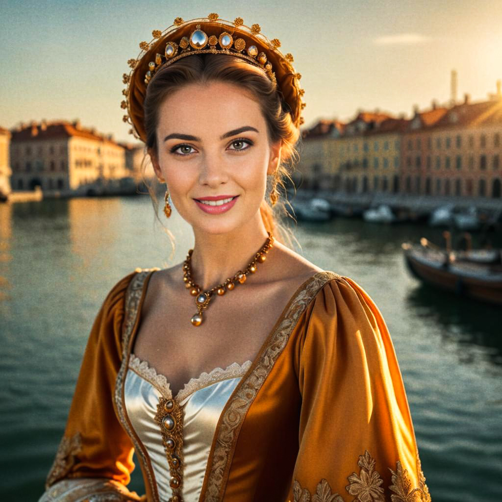 Elegant Woman in Historical Renaissance Gown by Waterfront