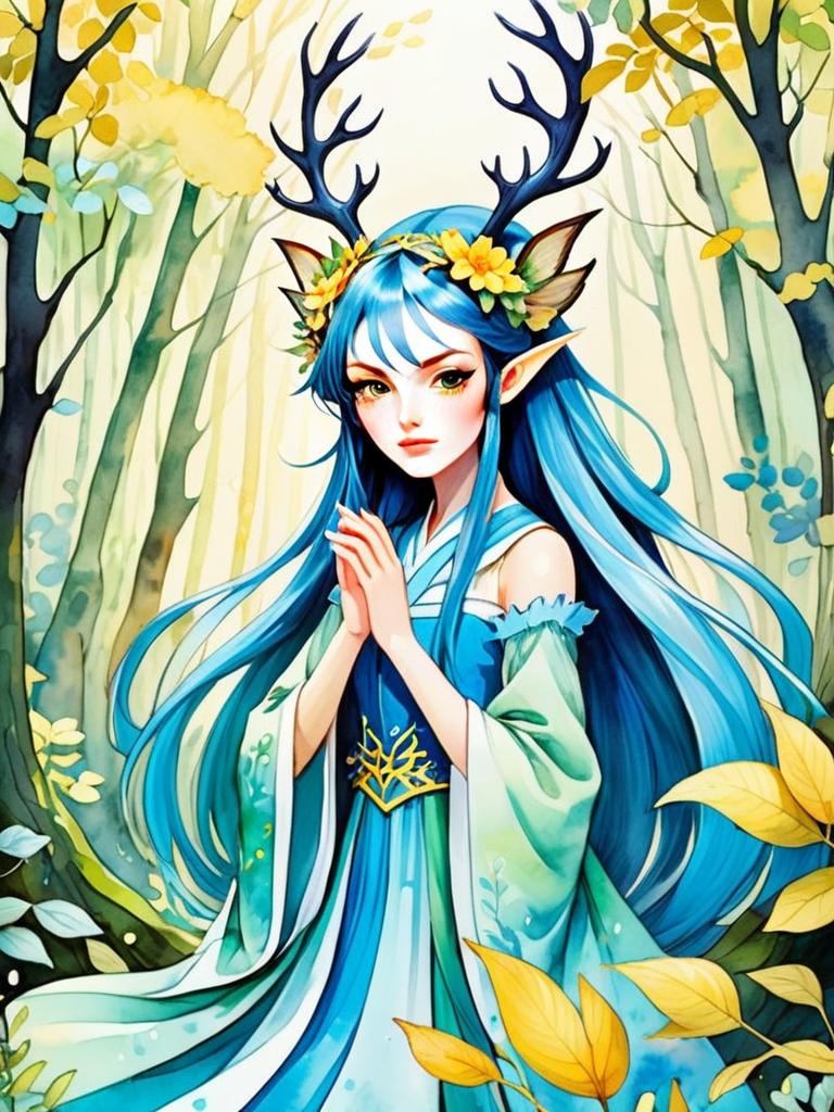 Mystical Woman with Blue Hair in Enchanted Forest Mystical Woman with Blue Hair in Enchanted Forest