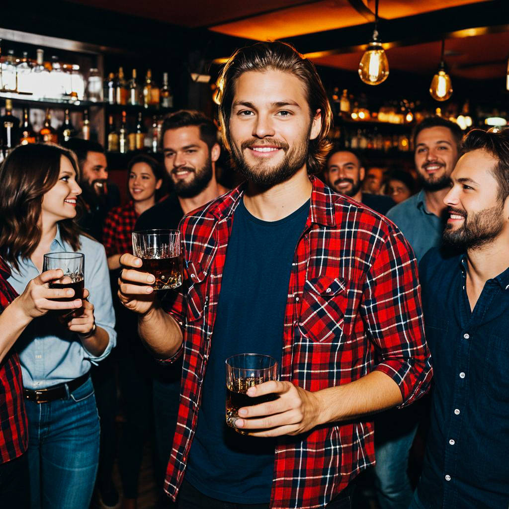 Bearded Man Enjoying Drinks at a Lively Bar