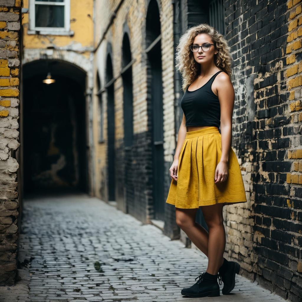 Urban Fashion Portrait of Woman in Mustard Yellow Skirt in Alleyway