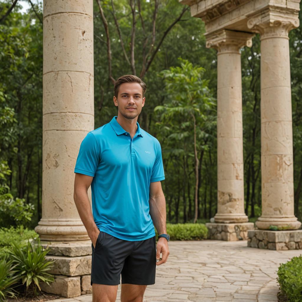 Confident Man in Sporty Attire with Classical Architecture