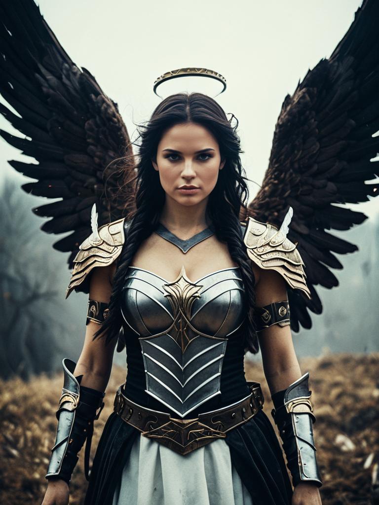 Photorealistic Woman in Warrior Angel Costume with Dark Wings and Halo