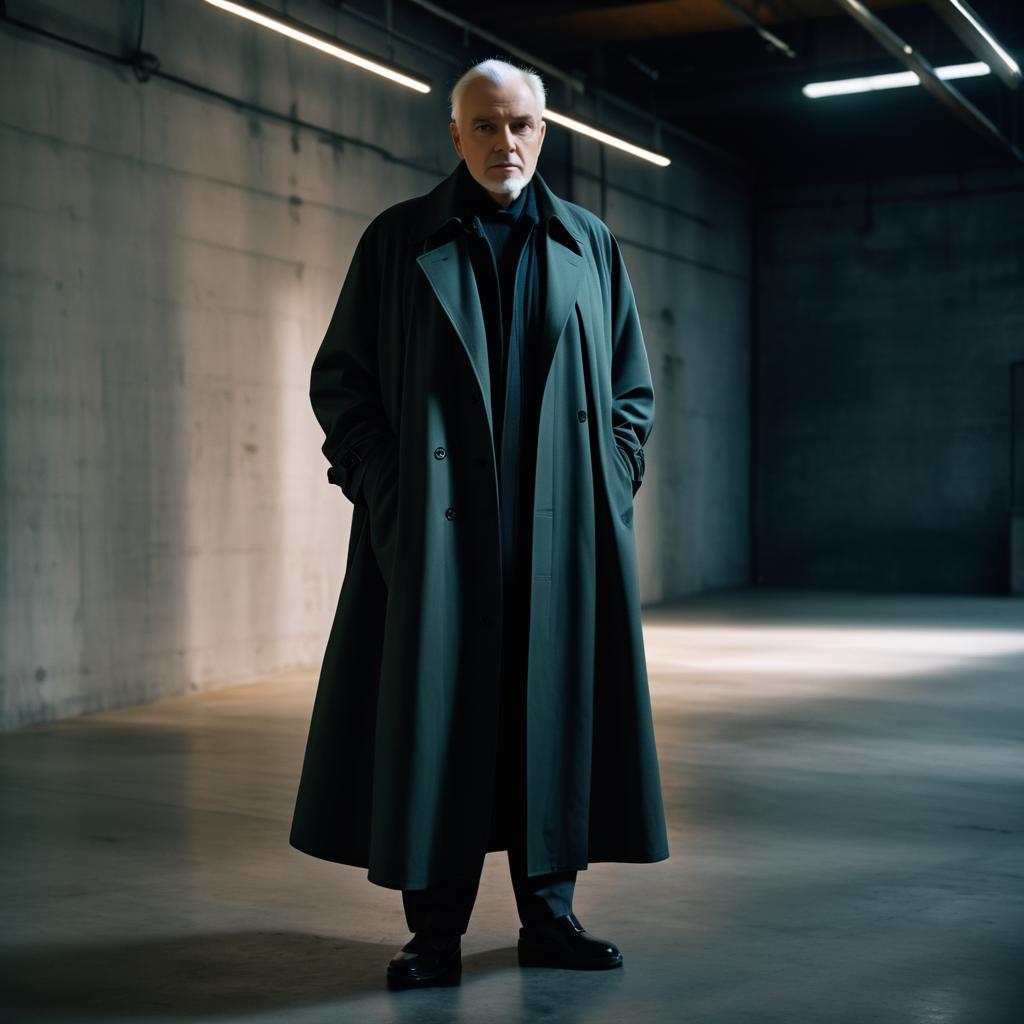 Confident Man in Dark Coat in Industrial Space