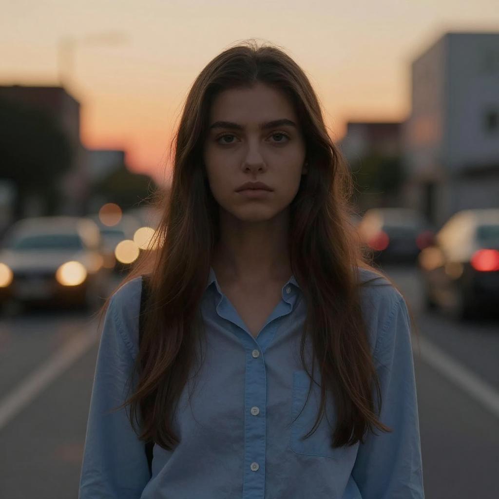 Young Woman Standing on City Street at Sunset with Cars in Background