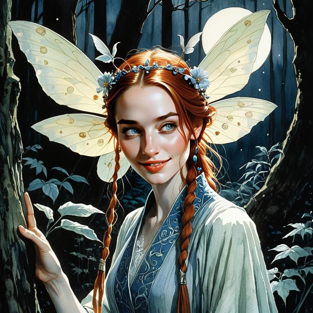 Red-Haired Woman Fairy with Wings in Moonlit Forest Digital Art