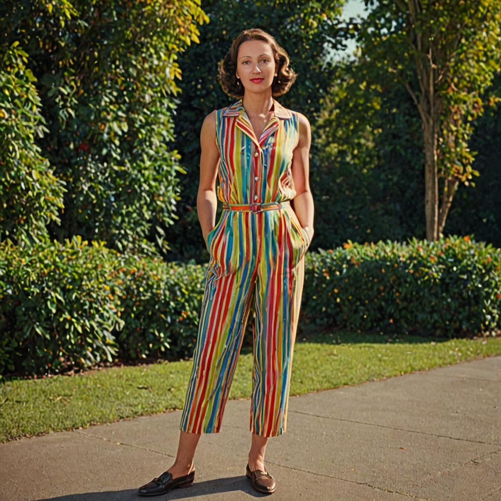 Retro Woman in Striped Jumpsuit in Garden