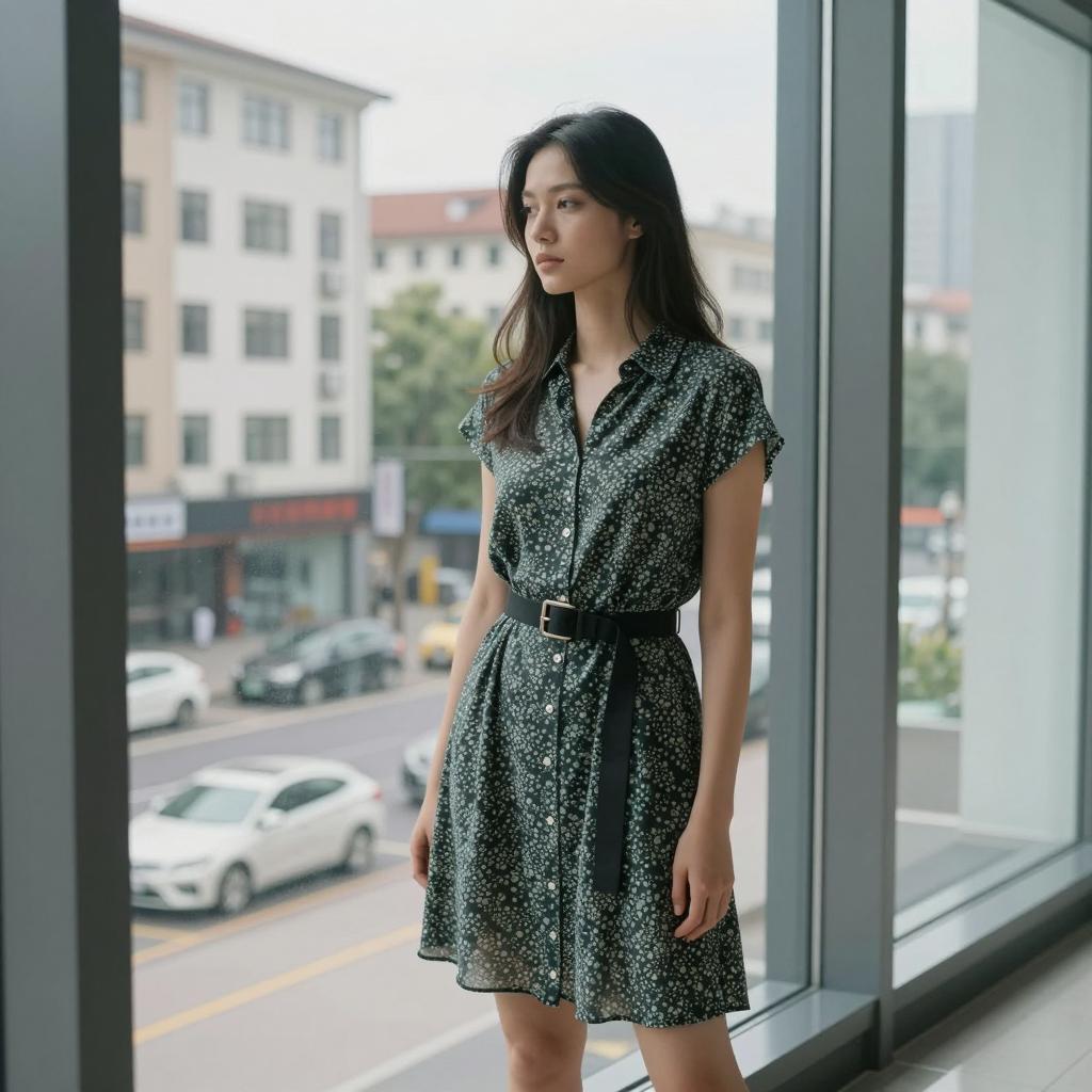 Woman in Green Floral Shirt Dress by City Window