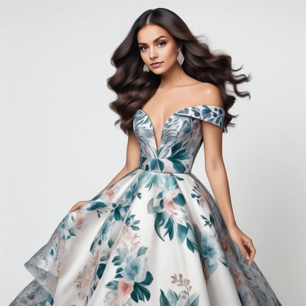 Elegant Woman in Off-Shoulder Gown with Floral Pattern Elegant Woman in Off-Shoulder Gown with Floral Pattern