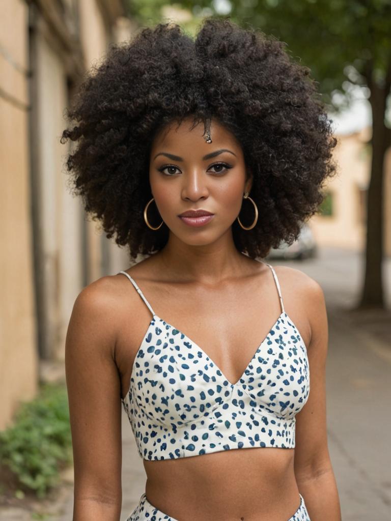 Confident woman with stylish afro and polka dot top