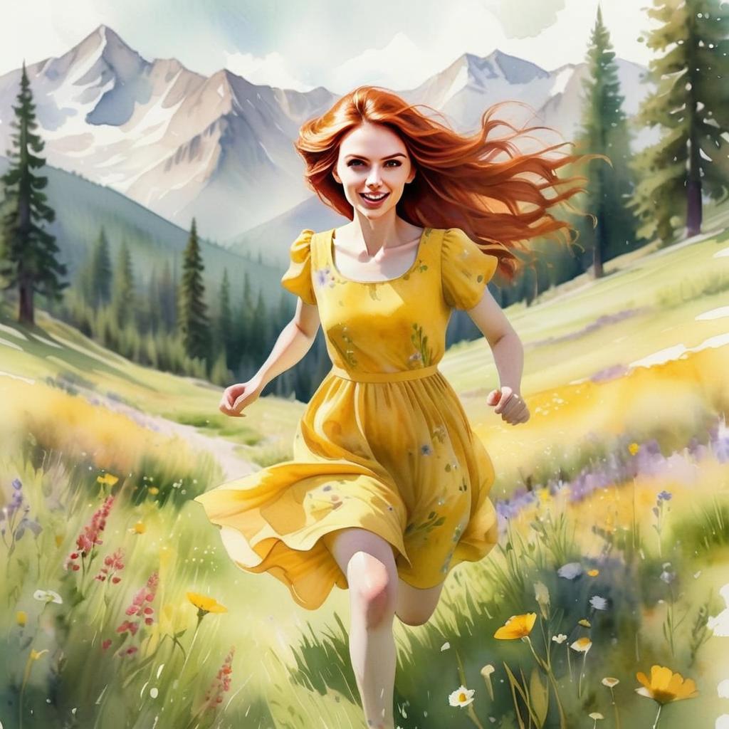 Young Woman in Yellow Dress Running Through Mountain Meadow - Digital Illustration