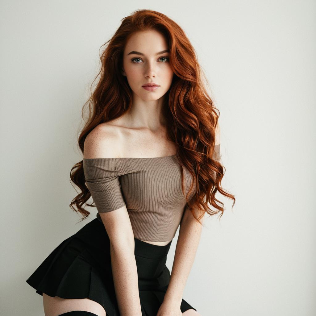 Young Woman with Red Hair in Taupe Top