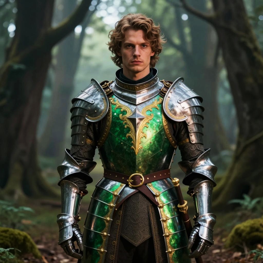 Young Man in Ornate Green Medieval Armor in Forest