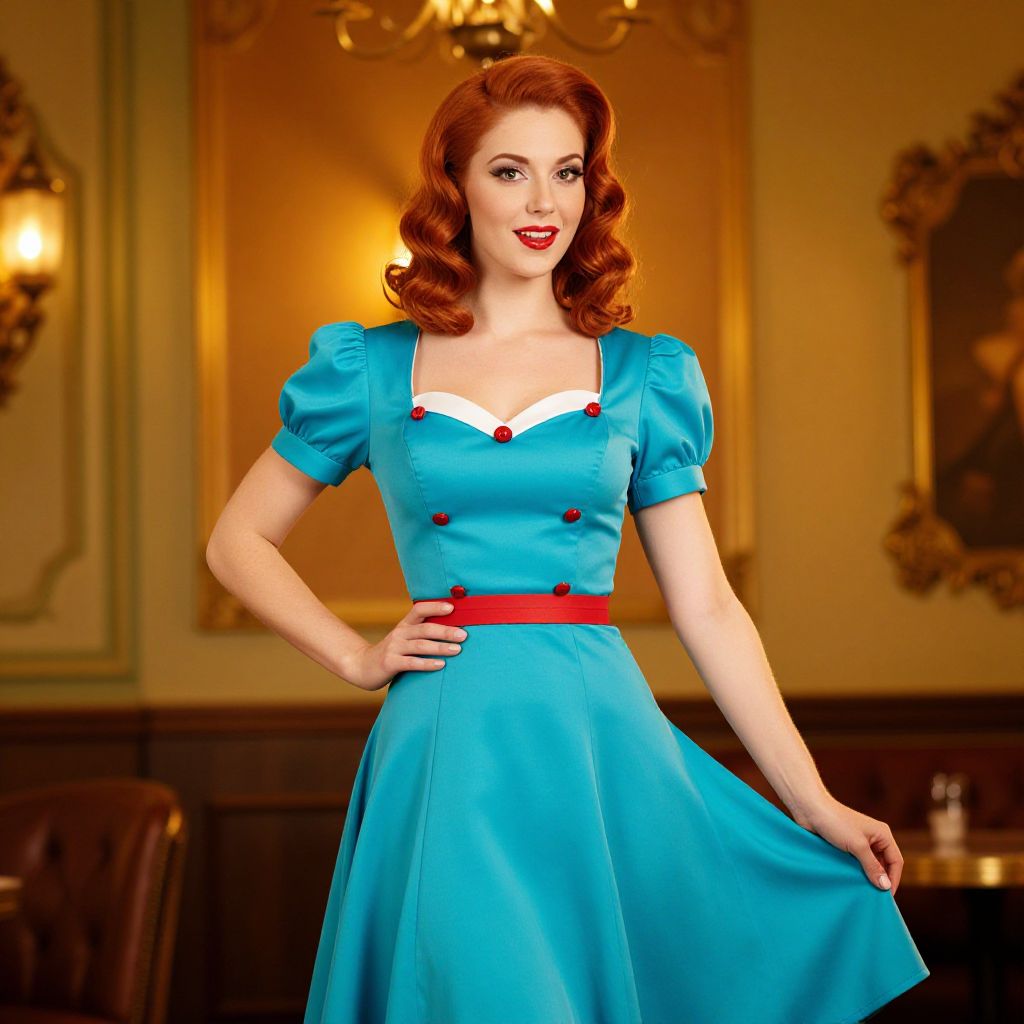 Vintage Style Red-Haired Woman in Turquoise 1950s Dress