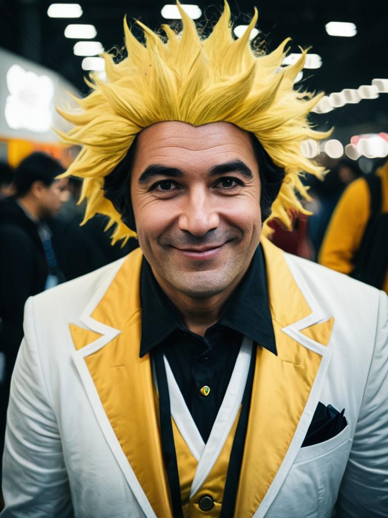 Man in Spiky Yellow Wig and White-Yellow Costume at Cosplay Festival