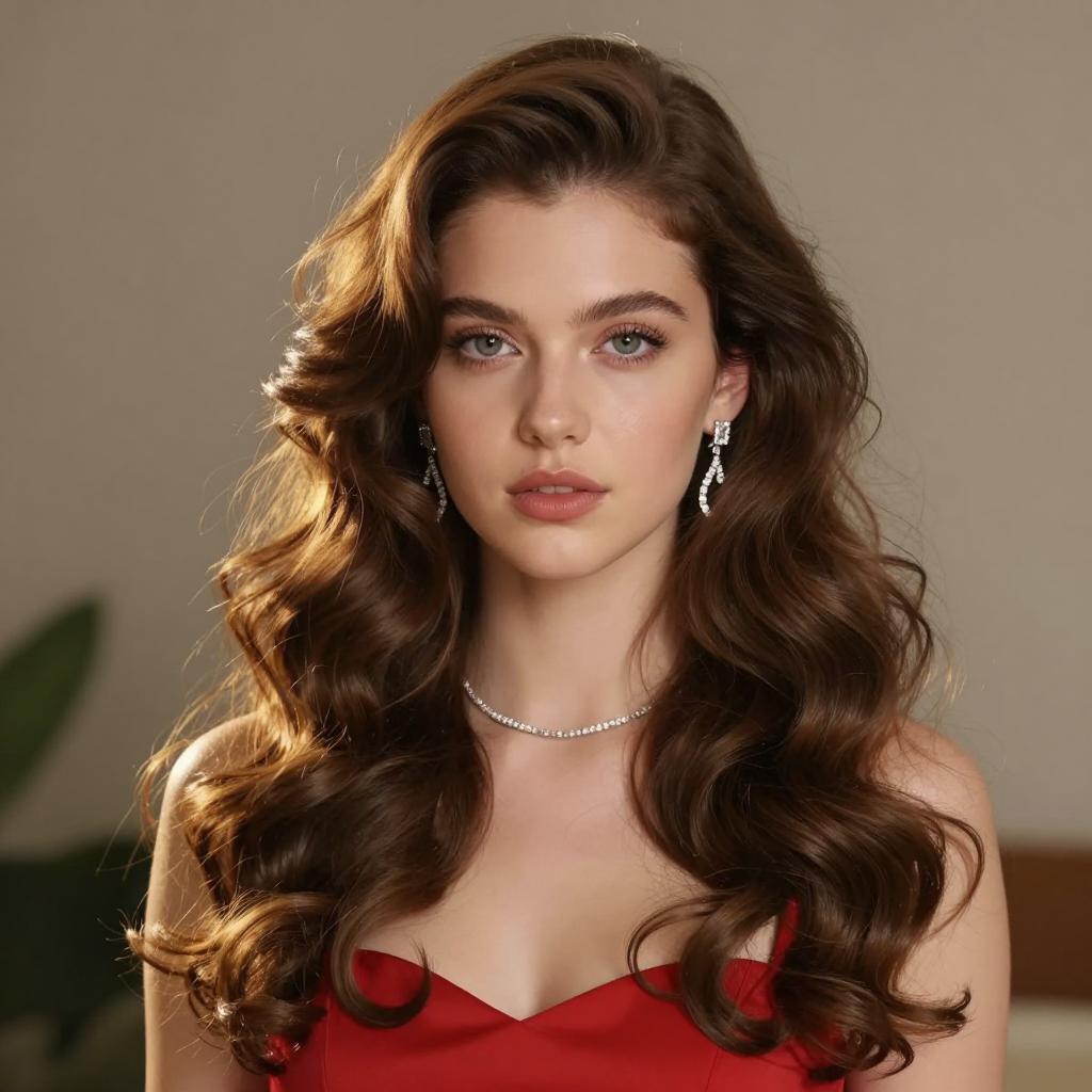 Elegant Woman with Wavy Brown Hair in Red Dress Wearing Diamond Jewelry