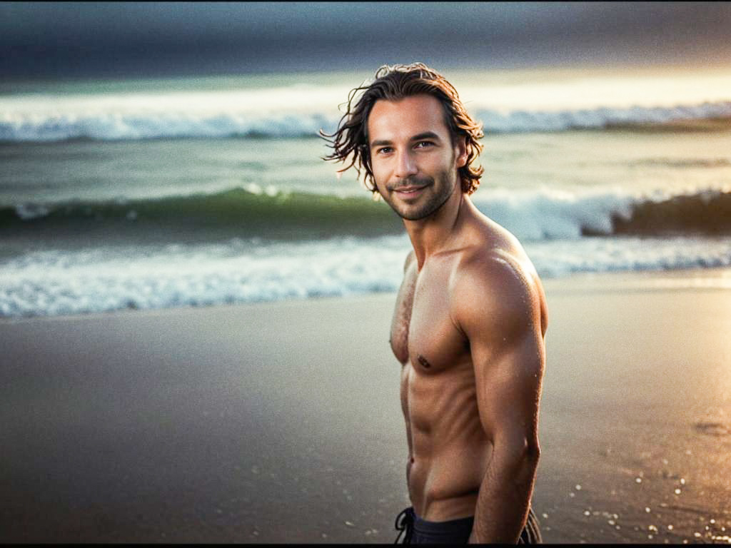 Confident Man on Beach at Sunset