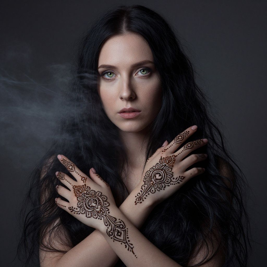 Portrait of Woman with Henna Tattoos and Long Black Hair