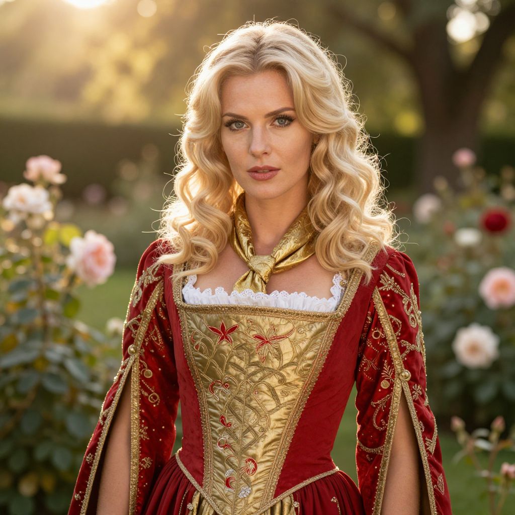 Blonde Woman in Embroidered Renaissance Red and Gold Dress in Garden