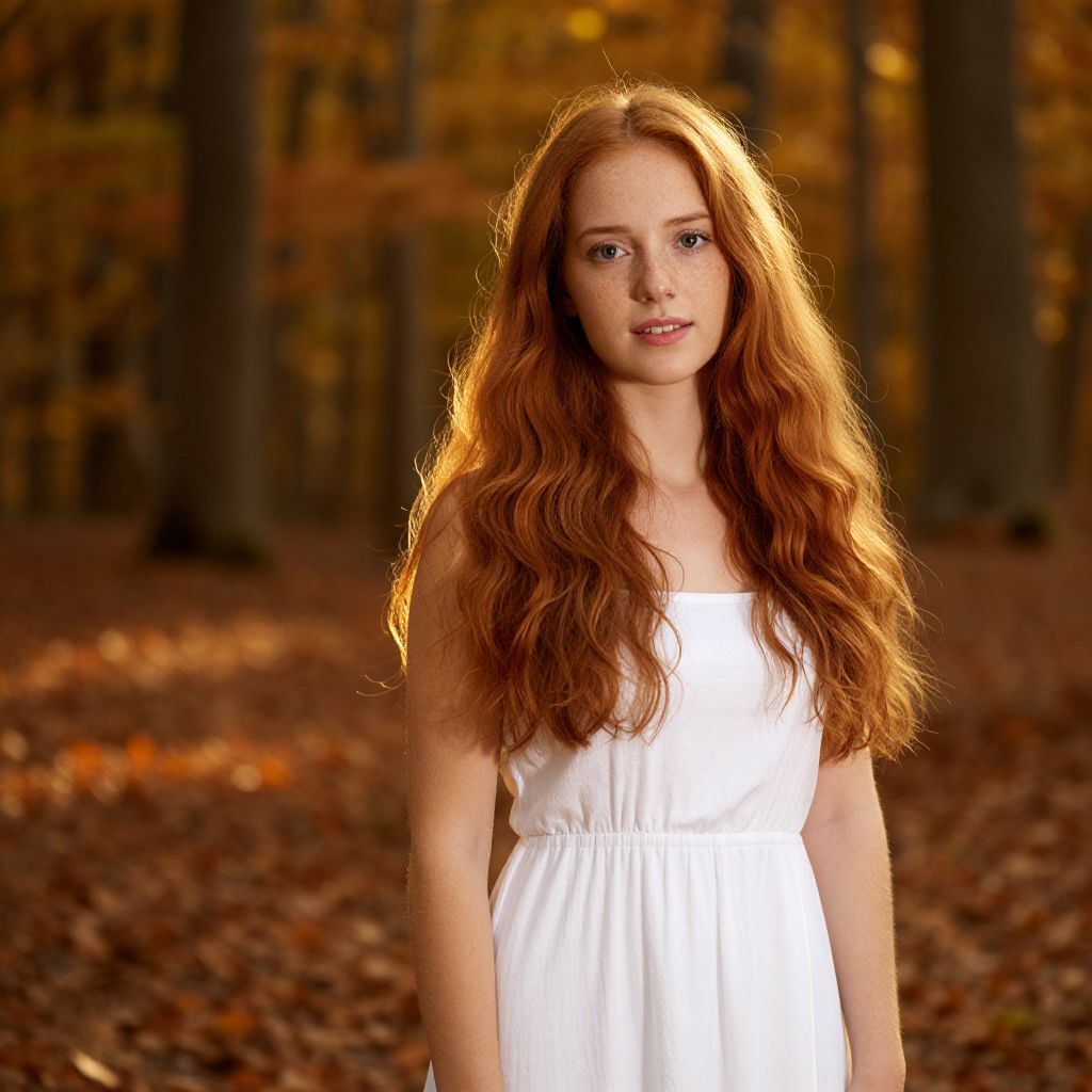 Young Woman with Red Hair in Autumn Forest Wearing White Dress
