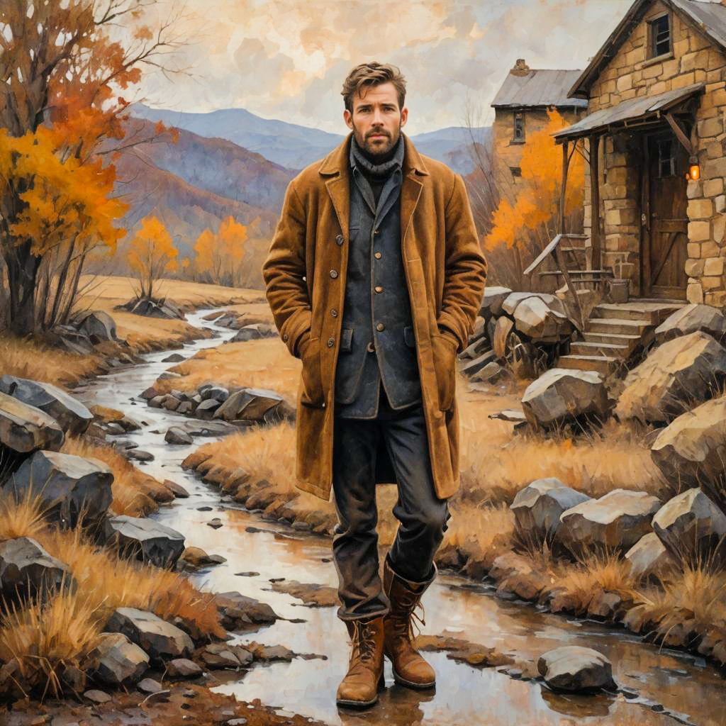 Man in Brown Coat by Rustic Cabin in Autumn Landscape