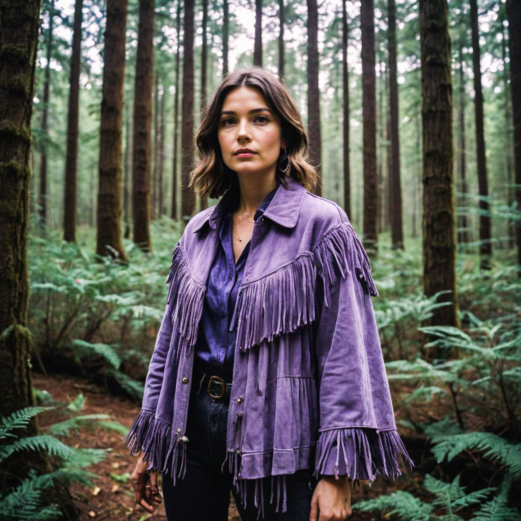 Confident Woman in Stylish Fringed Jacket in Lush Forest