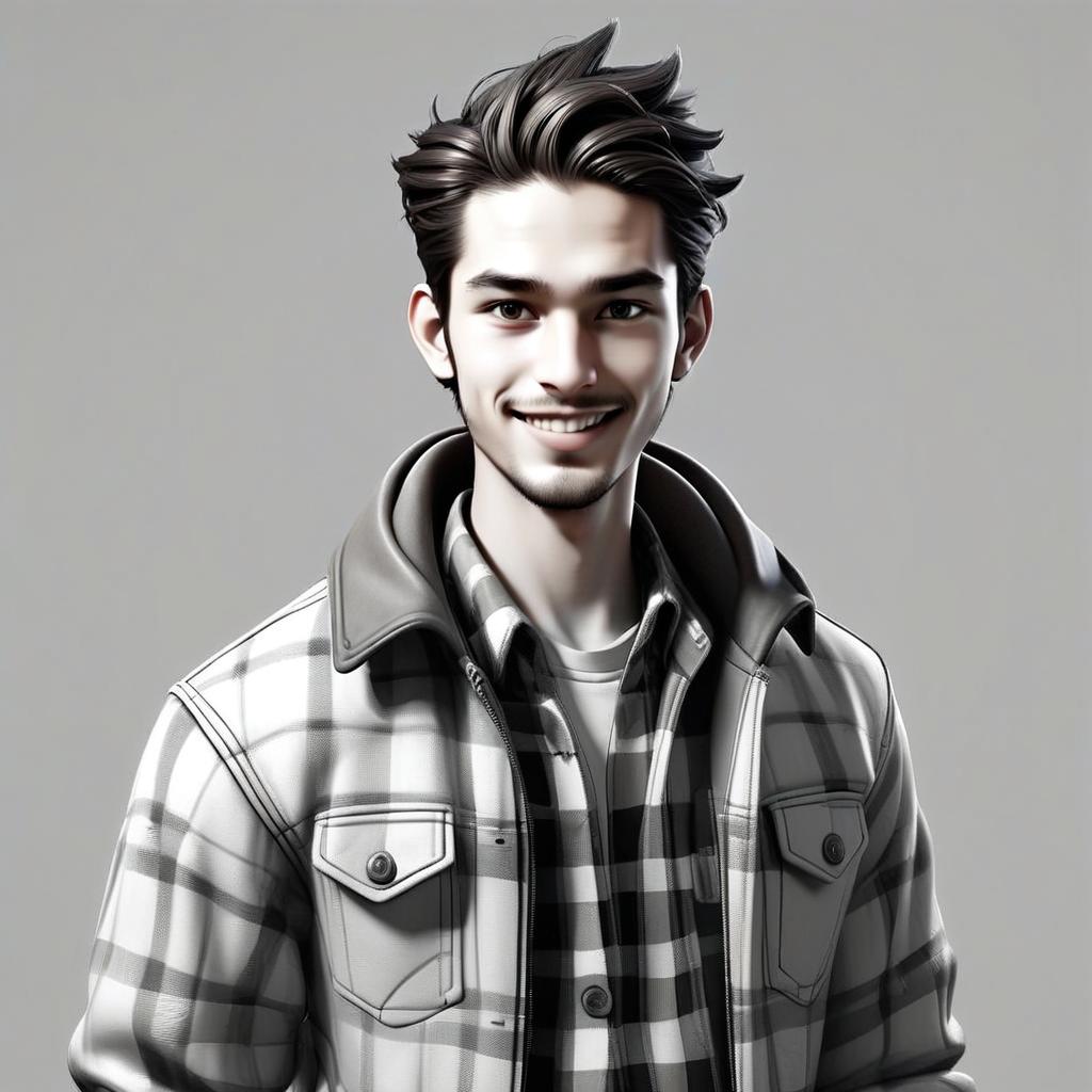 Digital Portrait of Young Man in Casual Plaid Shirt and Jacket