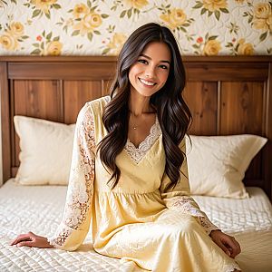 Young Woman in Yellow Lace Nightgown Sitting on Cozy Bed