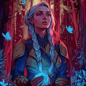 Fantasy Woman in Armor with Blue Butterflies Digital Illustration