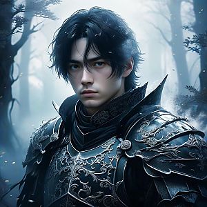 Young Man in Dark Armor in Misty Forest